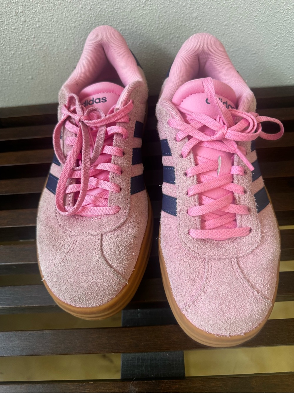 adidas Women’s Pink Suede Sneakers with Navy Stripes